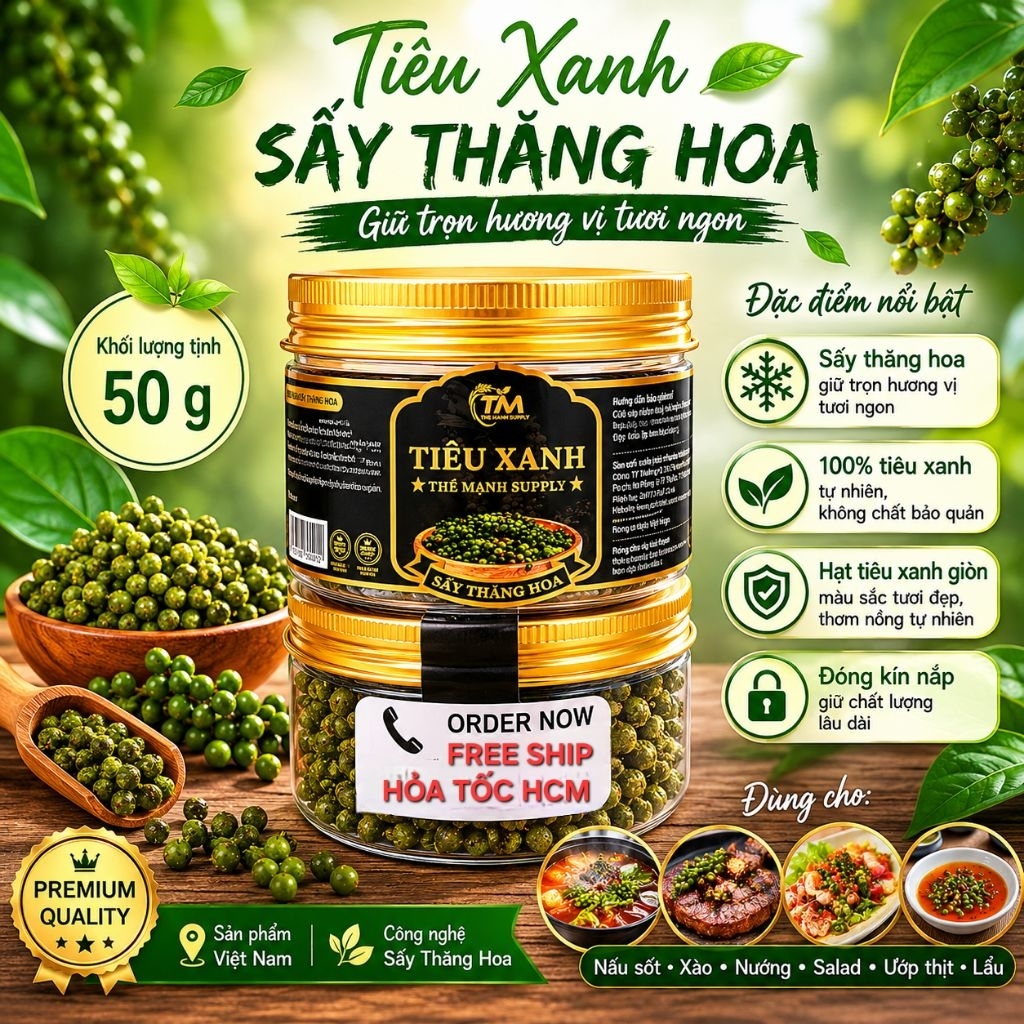 Tiêu xanh sấy thăng hoa - Hũ 50g - từ tiêu xanh tươi 100%, giữ nguyên màu xanh, thơm mạnh, vị cay thanh đặc trưng