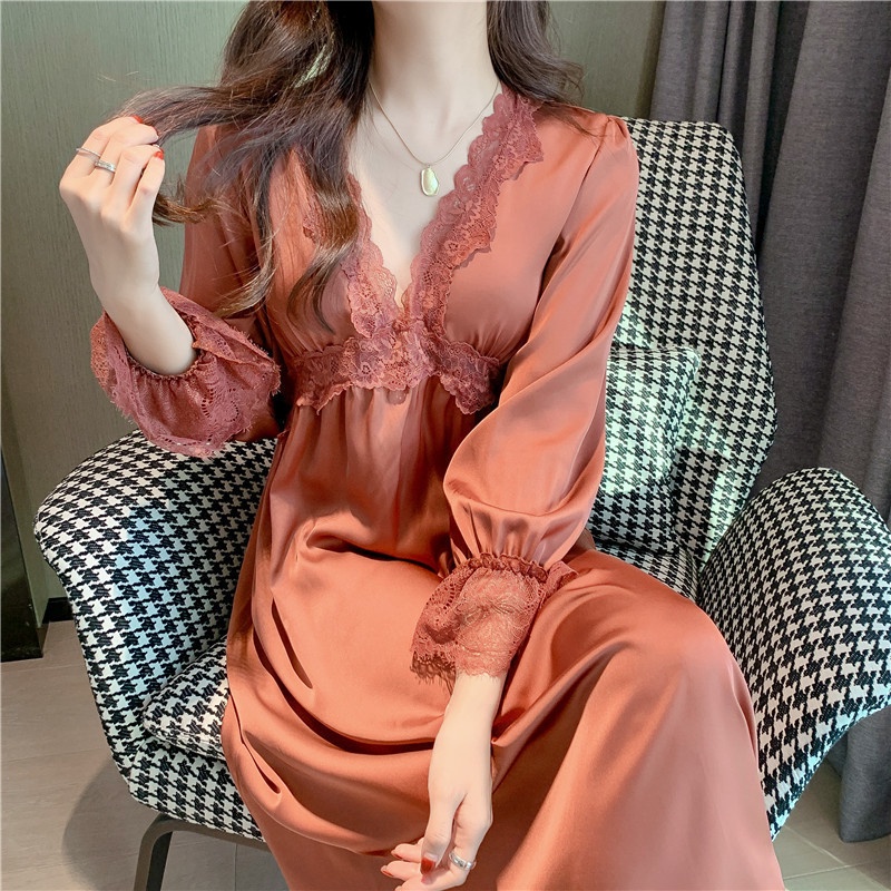 WGB Đầm Ngủ Công Chúa Tay Dài Phối Ren Có Miếng Đệm Ngực Thời Trang Quyến Rũ Cho Nữ