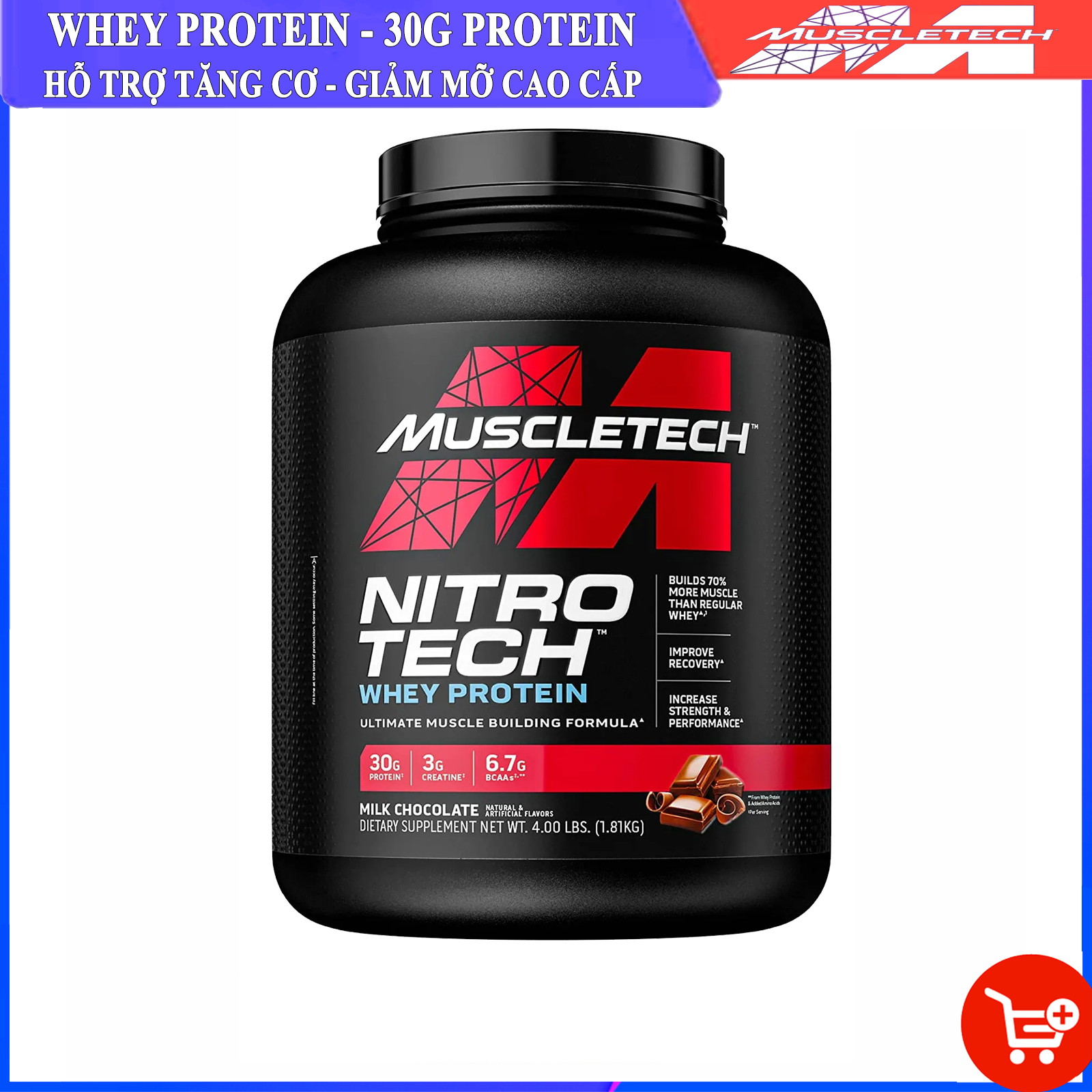 Sữa tăng cơ cao cấp Whey Protein Nitro Tech của MuscleTech hộp 1.8kg hỗ