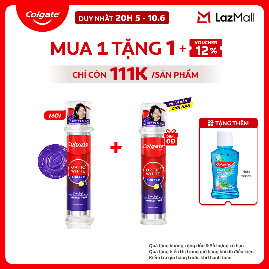 [Chỉ 20H 5-10.6_Voucher 12%] [Phiên bản giới hạn] Kem đánh răng Colgate Optic White Purple x IU vòi nhấn thông minh, trung hòa sắc vàng cho răng trắng sáng hơn  130g/ ống