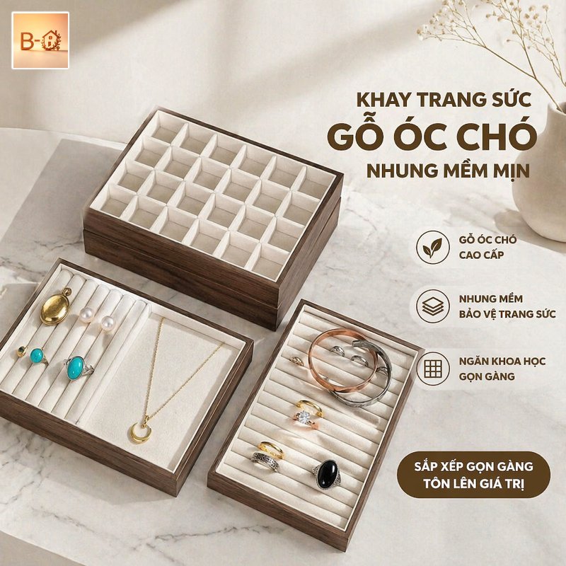 B-HQ Hộp đựng trang sức gỗ óc chó ngăn kéo Organizer hộp lưu trữ khay trưng bày đa năng dùng bàn trang điểm