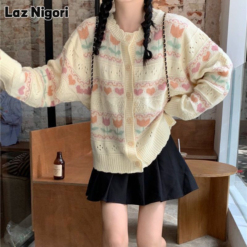 Laz nigori áo khoác áo len sáp mềm hình hoa kiểu Hàn Áo cardigan dệt kim chặn màu hoàn toàn mới cho nữ