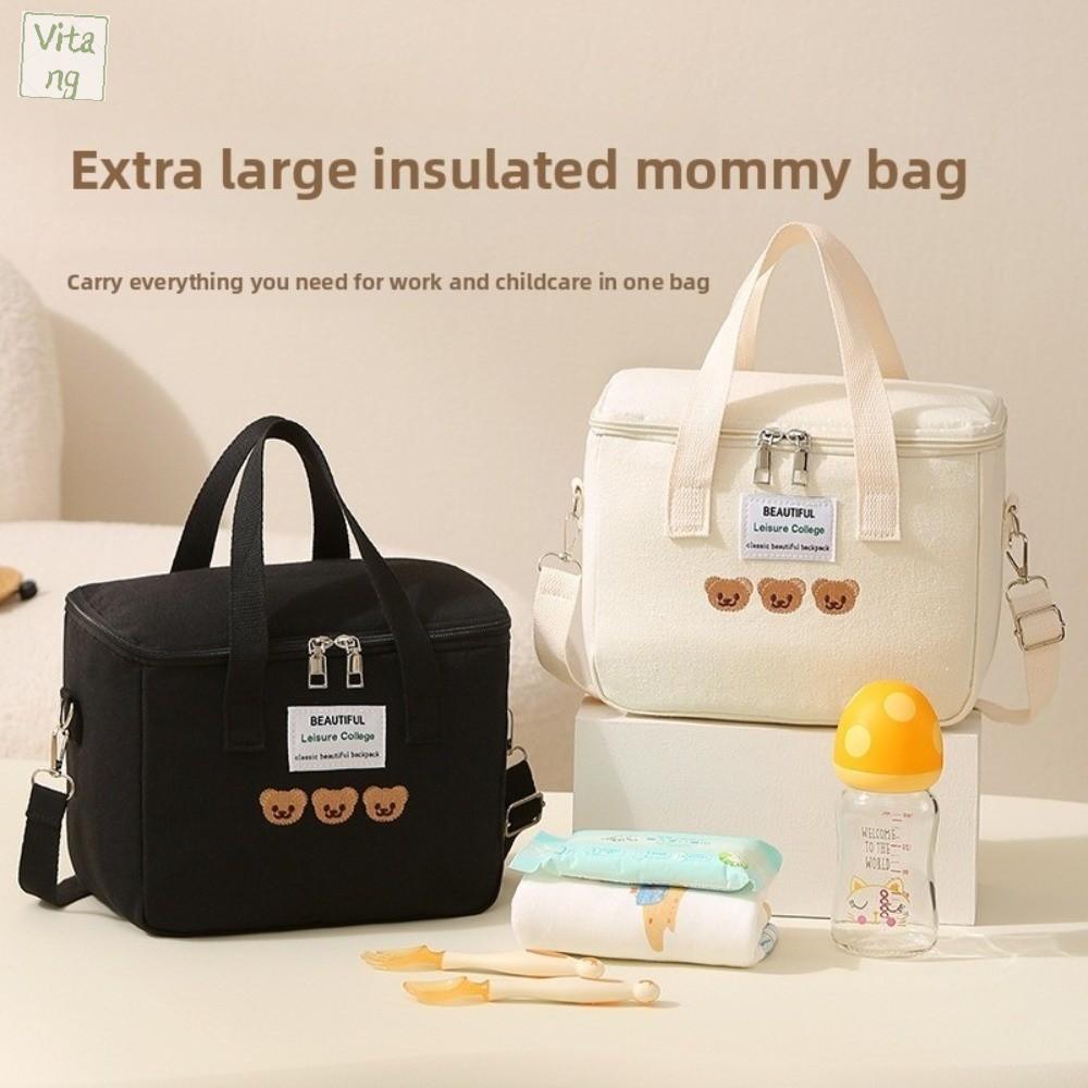 VITANG Vải canvas Túi cho mẹ Phim hoạt hình Gấu Túi đeo vai đơn Túi làm mát bình sữa cho bé Đa chức năng Túi xách nữ Thai sản