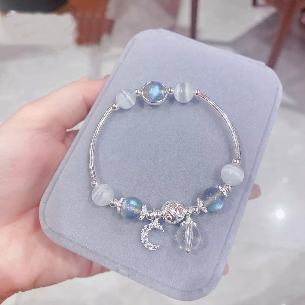 Vòng tay đá mix charm, lắc tay nữ mặt trăng mạ bạc