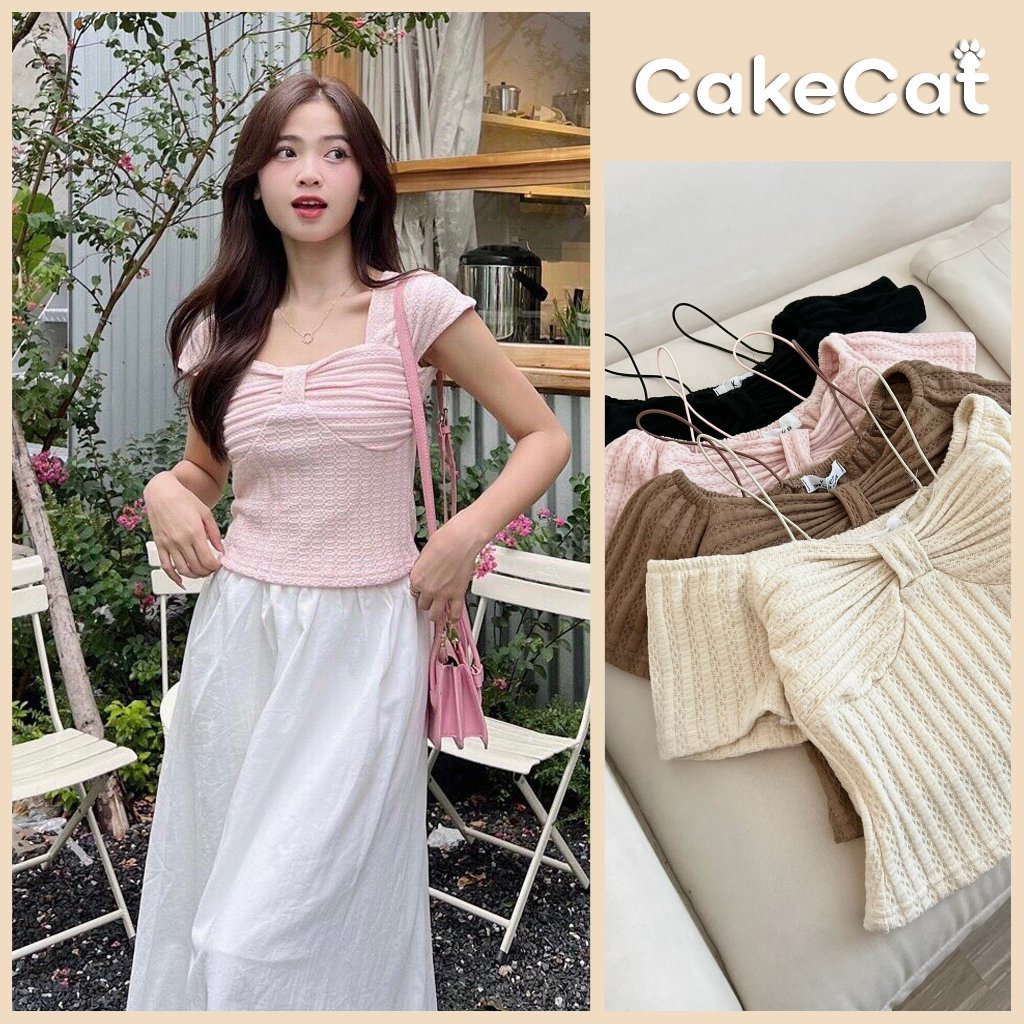 Áo Len Cộc Tay Montoghi Cổ Vuông Hình Nơ Xinh Áo Crotop Nữ Len Dệt Kiểu Dáng Baby Angel Top Cakecat
