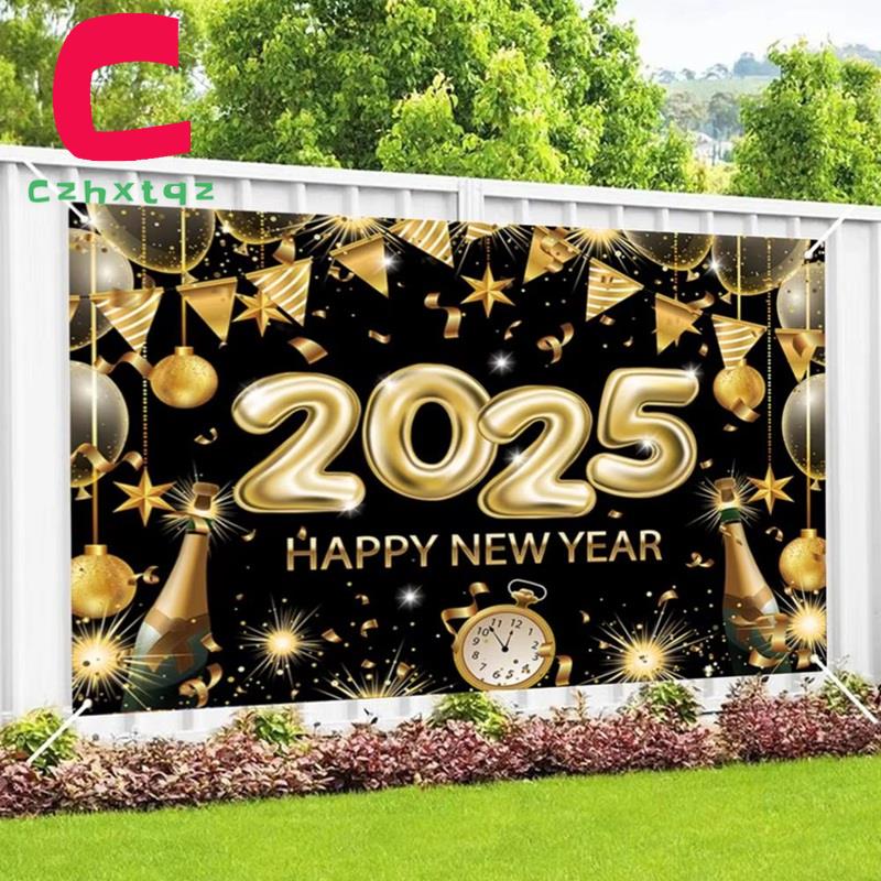 Happy New Year Backdrop 2025 BlackGold Backdrop Happy New Year 6.88 X 4.92ft Happy New Year Decorations Wall Display