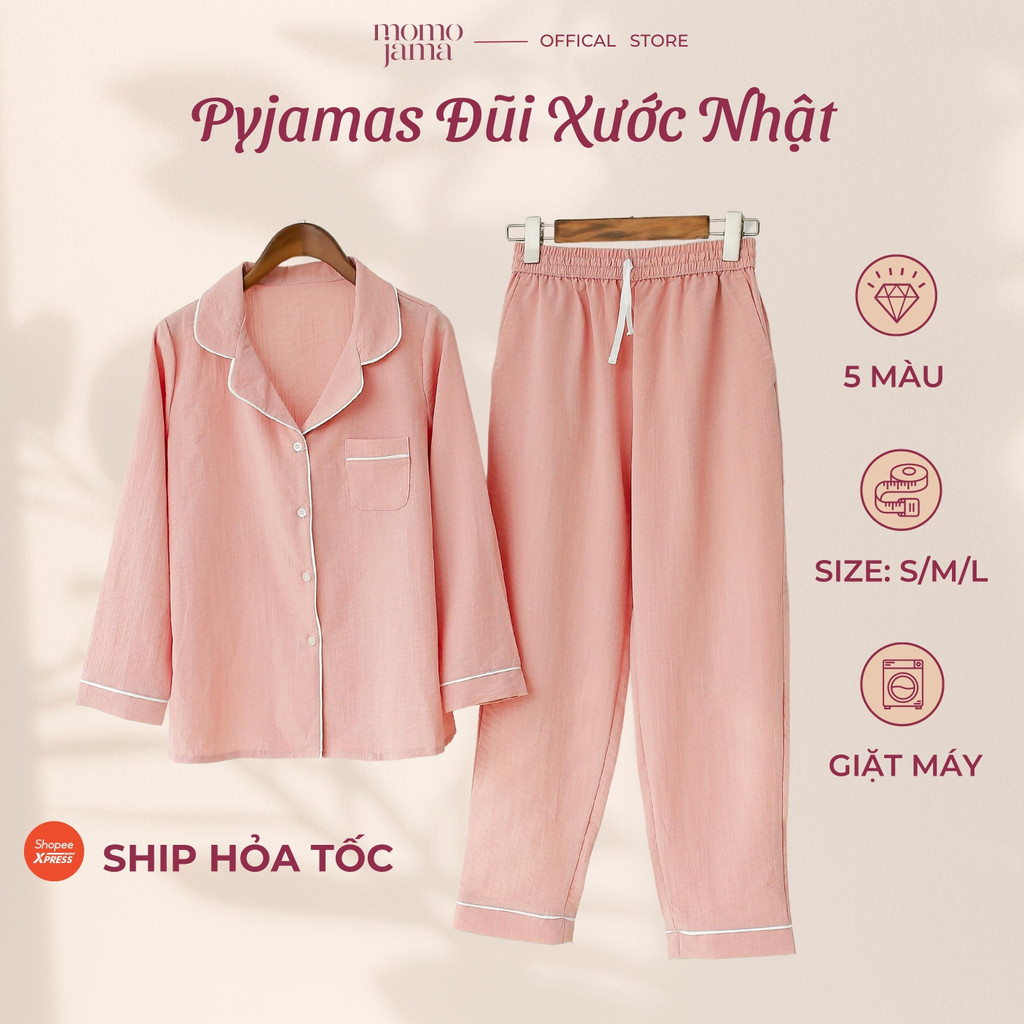 Bộ đồ ngủ mặc nhà nữ MOMOJAMA bộ pijama áo dài quần dài chất đũi nhật bộ quần áo pijama mặc nhà thanh lịch cho nữ