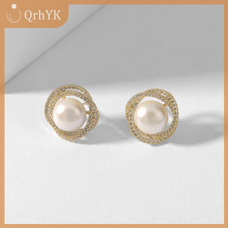 QrhYK Pháp Flash kim cương xoắn ốc ngọc trai tai Stud Bạc Kim vàng đơn giản Bông tai cho phụ nữ Thời Trang Bông Tai Phụ Kiện