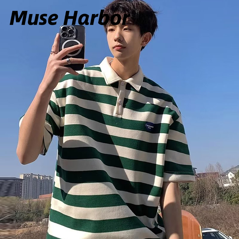 Muse Harbor เสื้อโปโลแขนสั้นสำหรับผู้ชายเสื้อยืดปกลำลองและหลากหลายแขนสั้นหลวมเด็กชายหล่อ ราคา 143 บาท*ส่งฟรี
