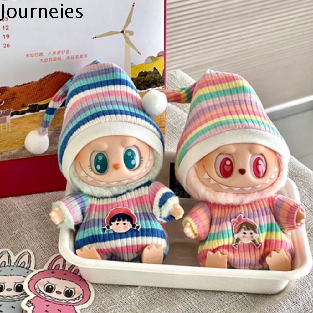 JOURNEIES Áo liền quần Quần áo búp bê labubu dự tiệc Bộ mũ Quần Áo Sọc Quần áo búp bê vải nhung lông 17cm Quần áo đồ chơi Bộ sưu tập Quần áo thời gian labubu Phụ kiện búp bê cotton