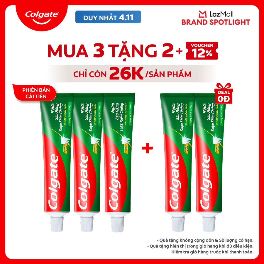 [Chỉ 4.11_Mua 3 tặng 2-Chỉ còn 26K/tuýp] Bộ 3 Kem đánh răng Colgate ngừa sâu răng răng chắc khỏe 225