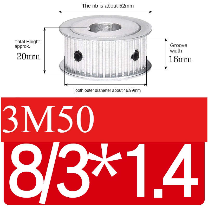 Bánh Răng Đồng Bộ 3M 50 Răng AF Guangfa - Hai Mặt Phẳng, Rãnh 16mm, Lỗ 5-30mm, Nhôm, Truyền Động Chính Xác Công Nghiệp - 16 Lỗ 8/3*1.4