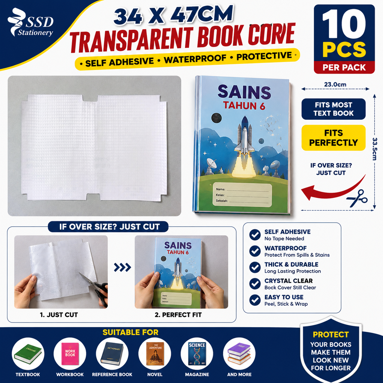VC Art Self-Adhesive School Transparent Book Cover Penutup Pembalut Buku Textbook Plastic Transparent Protective Cover