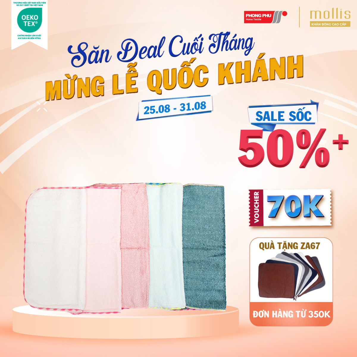 Bộ 5 khăn tay đa năng mollis cotton 25x25cm hm2d dày dặn mềm mại thấm hút không đổ lông dùng cho gia đình pb68