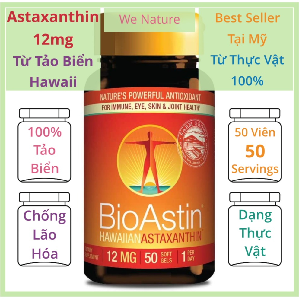 BioAstin Astaxanthin 12mg 50 viên - Chống Lão Hóa - Đẹp Da - Tốt Cho Mắt - Hawaiian - 12 mg - SẢN PHẨM RẤT ĐƯỢC ƯA CHUỘNG TRÊN THỊ TRƯỜNG KHÁCH YÊU TRẢI NGHIỆM THỬ NHÉ SẢN PHẨM TỐT CHẤT LƯỢNG CAO