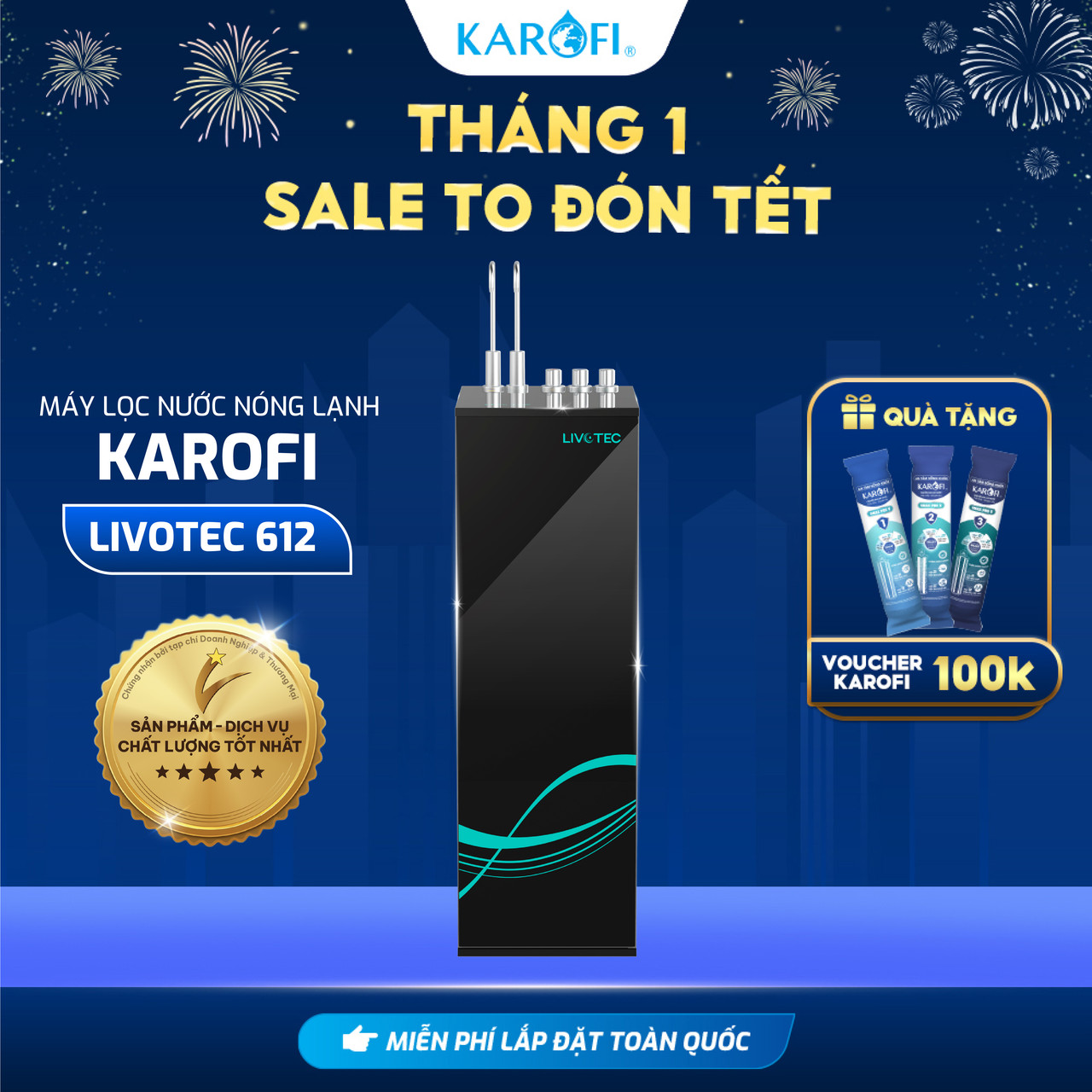 TẶNG BỘ LÕI Máy lọc nước nóng lạnh 9 lõi 3 chức năng Karofi Livotec 612 màng RO 100GDP Hàn Quốc - Bảo hành 36 tháng