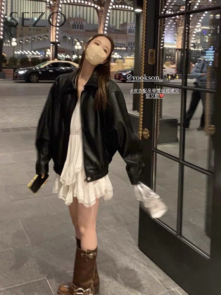SEZO Korean Women s Clothing Y2k Fashion Black Imitation Leather Coat