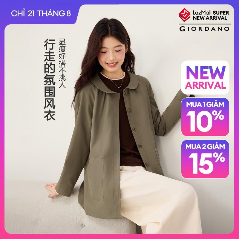 GIORDANO Women Coats Doll Collar Mid-Length Trench Coats Raglan Sleeve Fashionable Casual Relaxed Coats 13376780