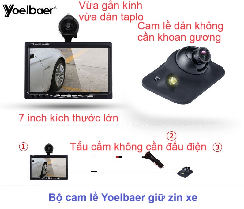 Bộ màn hình to 7 inch kèm 1 cam lề YOELBAER góc rộng tự lắp zin xe không cần đấu điện khoan đục MAN1C7IN