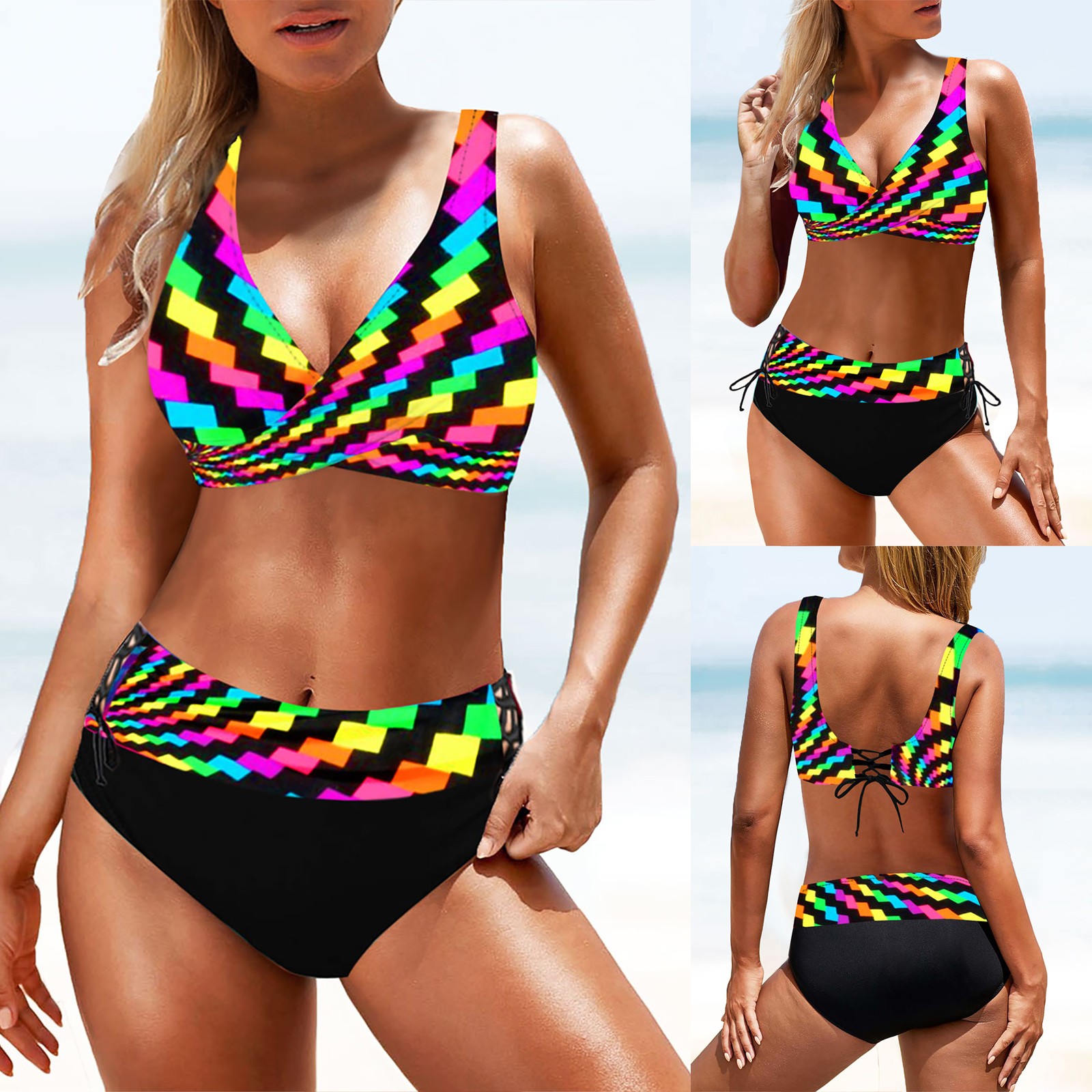 Phụ nữ bãi biển mùa hè ren cạp cao-up in cầu vồng BIKINI KẺ SỌC Áo Tắm