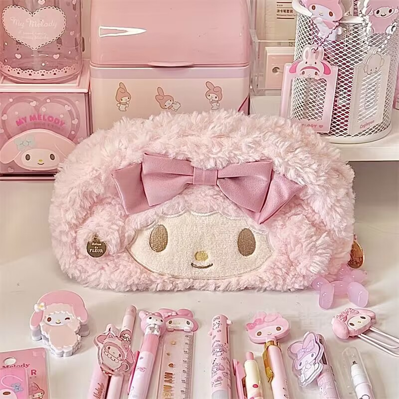 KUNOISE กระเป๋าดินสอขนฟูน่ารักลายมายเมโลดี้ มีโบว์ ขนาดใหญ่ เหมาะสำหรับเด็กหญิง ของใช้ในชั้นเรียนสไตล์คาวาอิ