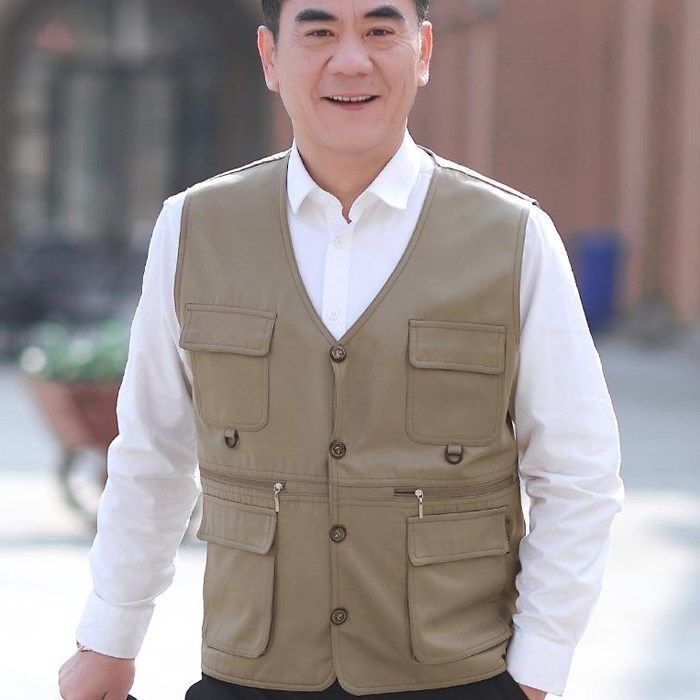 Thường nhật thể thao ngoài trời nam nhiều kiểu ba lỗ có túi kích thước lớn trung niên và cao tuổi màu Trơn Áo khoác không tay cổ chữ V cho bố