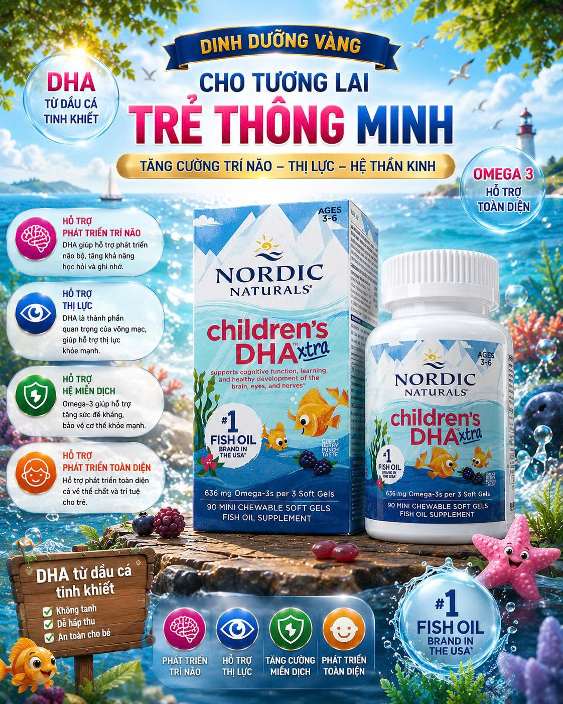 [BẢN ĐẬM ĐẶC] Viên Nhai Mềm Nordic Naturals Children's DHA Xtra 636mg Omega-3 Hộp 90 Viên