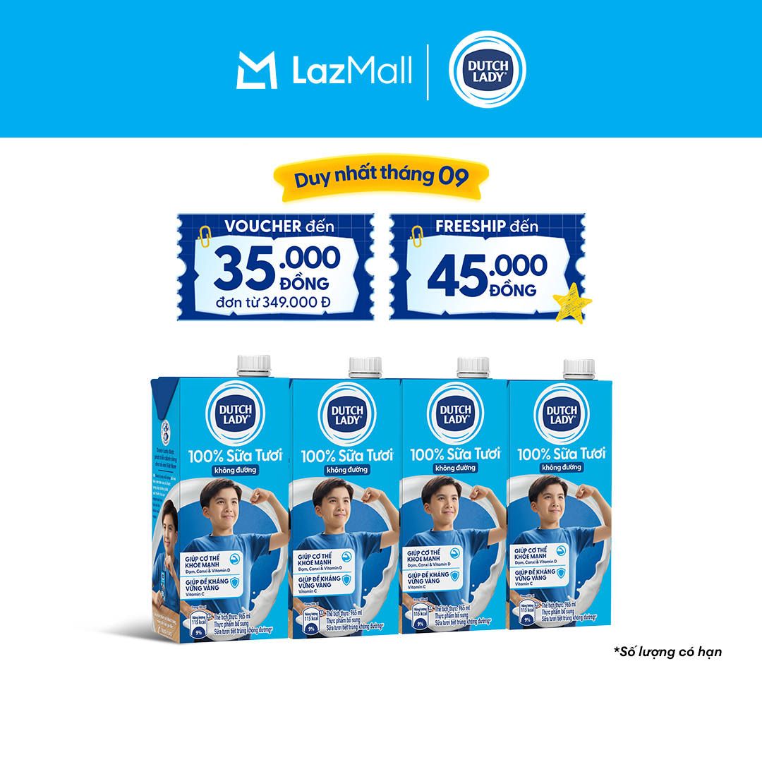 Combo 4 Hộp Sữa Tươi Tiệt Trùng Dutch Lady Cô Gái Hà Lan Không Đường 965ml