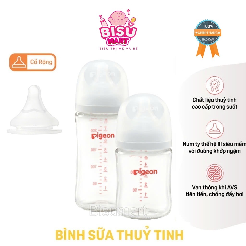  Bình sữa Thuỷ Tinh cổ rộng Pigeon Softouch thế hệ 3 cho bé 160ml 240ml 