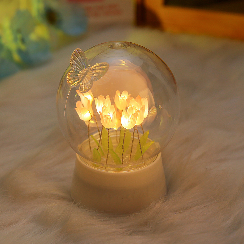 DIY Rose Tulip LED Night Light Crystal Ball Lamp Handmade Craft Simulation Flower Valentine Birthday Gift Lampu Bilik 夜灯