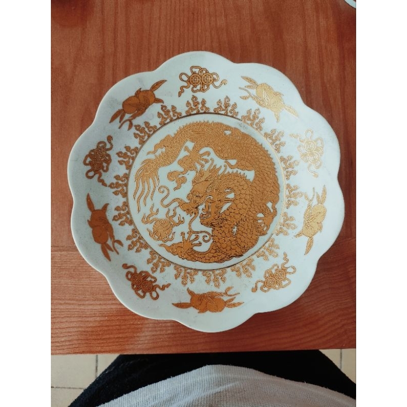 Đĩa đựng trái cây thờ cúng sứ trắng rồng vàng 3 size
