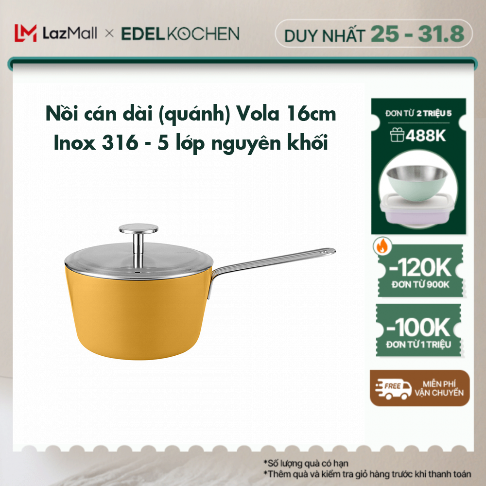 Nồi inox 316 cán dài, quánh 5 lớp nguyên khối cao cấp Edelkochen Vola Collection size 16cm – Màu Rich Yellow
