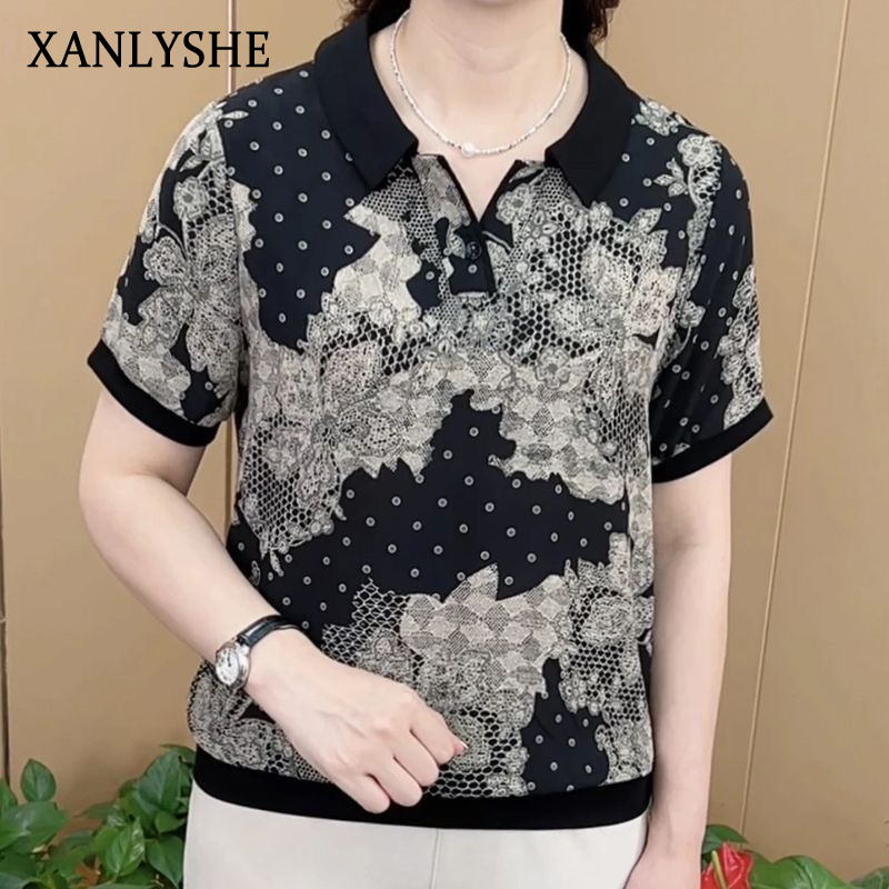 XANLYSHE เสื้อโปโลผู้หญิงลายดอกไม้สไตล์หรูหรา เนื้อผ้าใส่สบาย ดีไซน์คลาสสิกสำหรับฤดูร้อน ราคา 177 บาท*ส่งฟรี