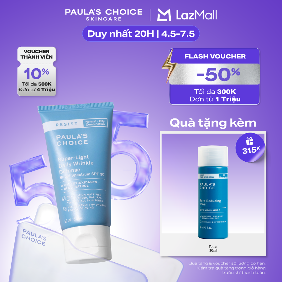 Kem chống nắng dưỡng ẩm đa năng siêu nhẹ không bết dính Paula’s Choice Resist Super - Light Daily Wrinkle Defense SPF 30 - 7760
