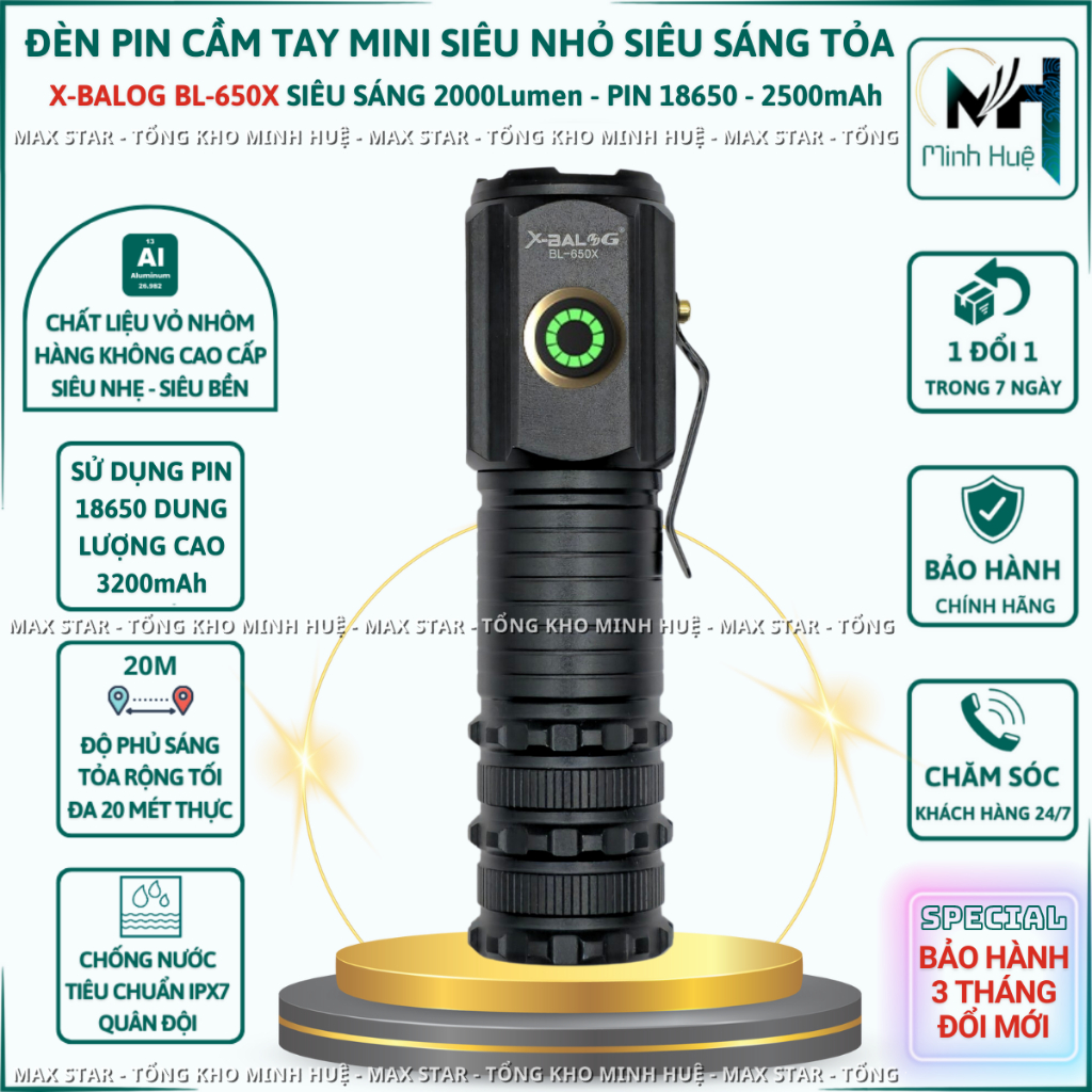 Đèn pin cầm tay mini siêu nhỏ siêu sáng tỏa X-BALOG 350X vỏ nhôm chống nước IPX7 độ sáng tối đa 2000