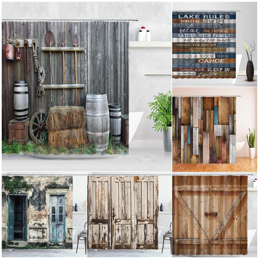 Vintage mộc mạc cửa gỗ tắm rèm Vintage trang trại barn cửa cũ trang trí nhà không thấm nước vải poly