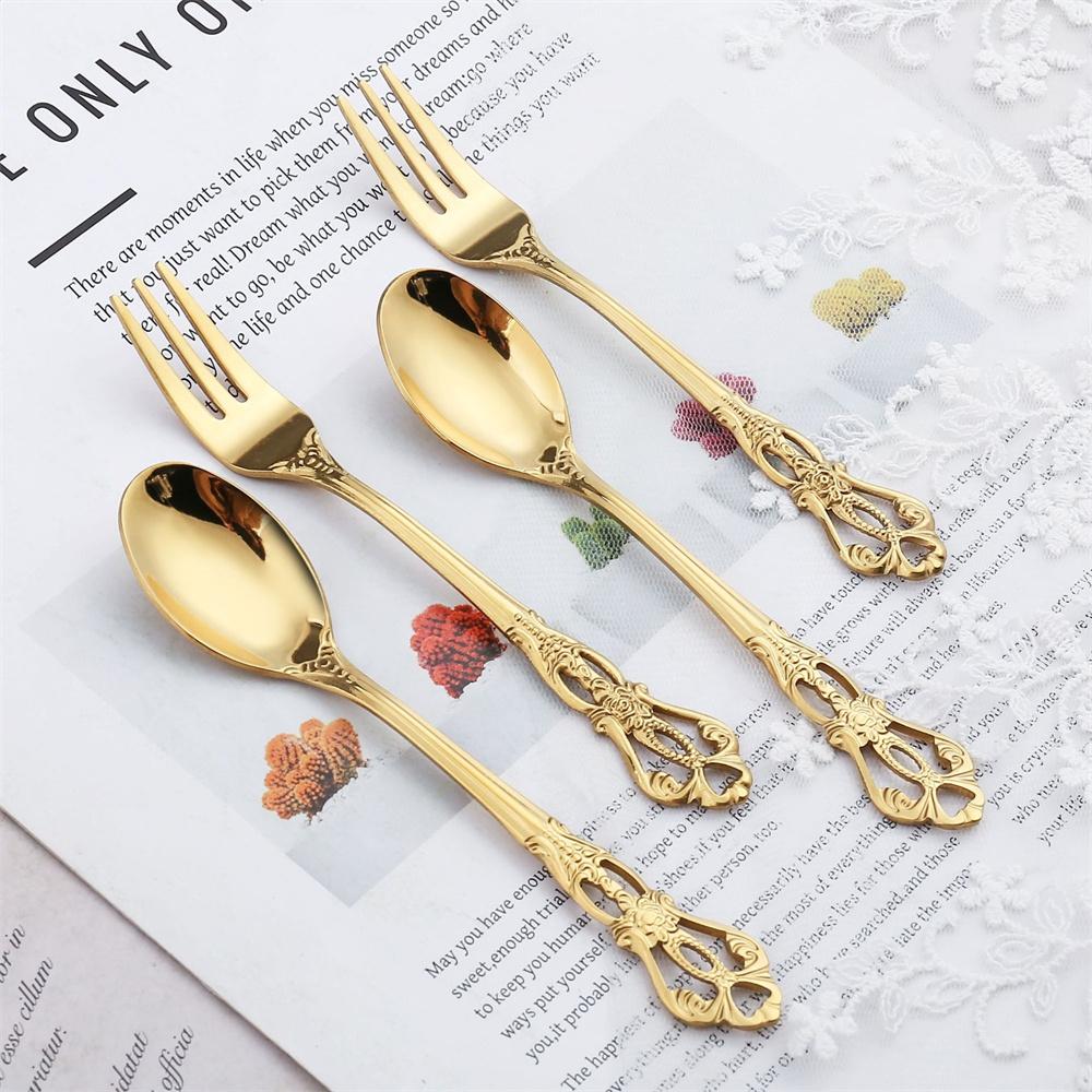 1-4pcs Gold Stainless Steel Spoon Fork Luxury Dinnerware Ice Afternoon Tea Kitchen Dessert Tableware Silverware Gift