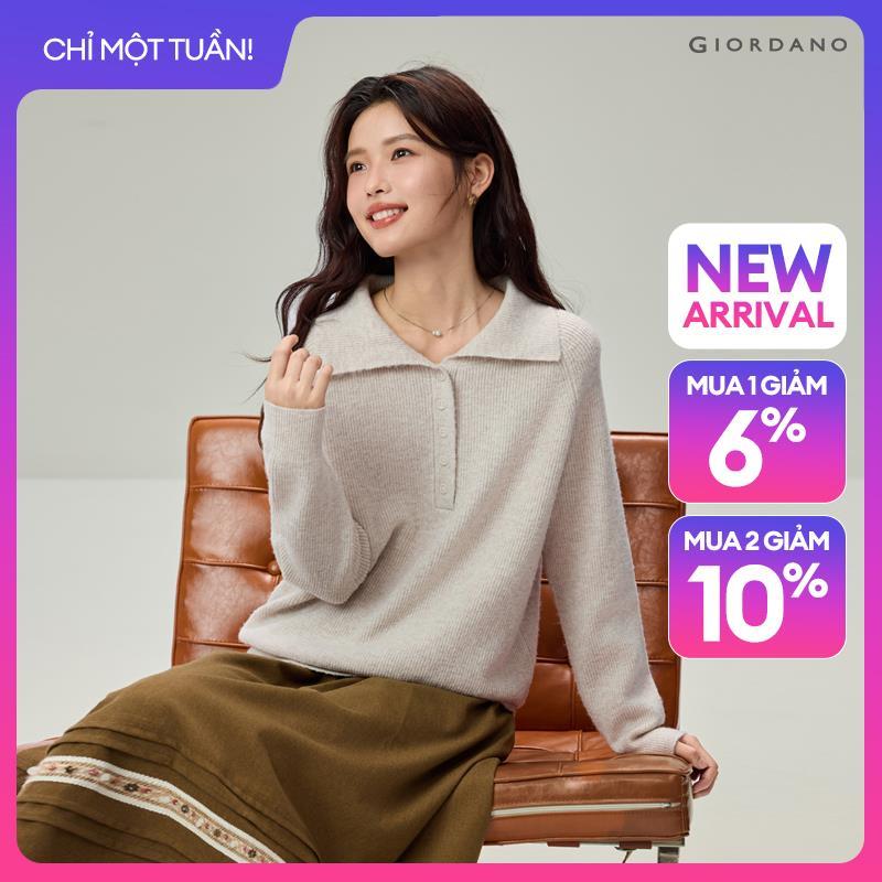 GIORDANO Women Sweaters Half Button Placket Collar Sweaters Raglan Sleeve Fashionable Casual Relaxed Sweaters 13356634