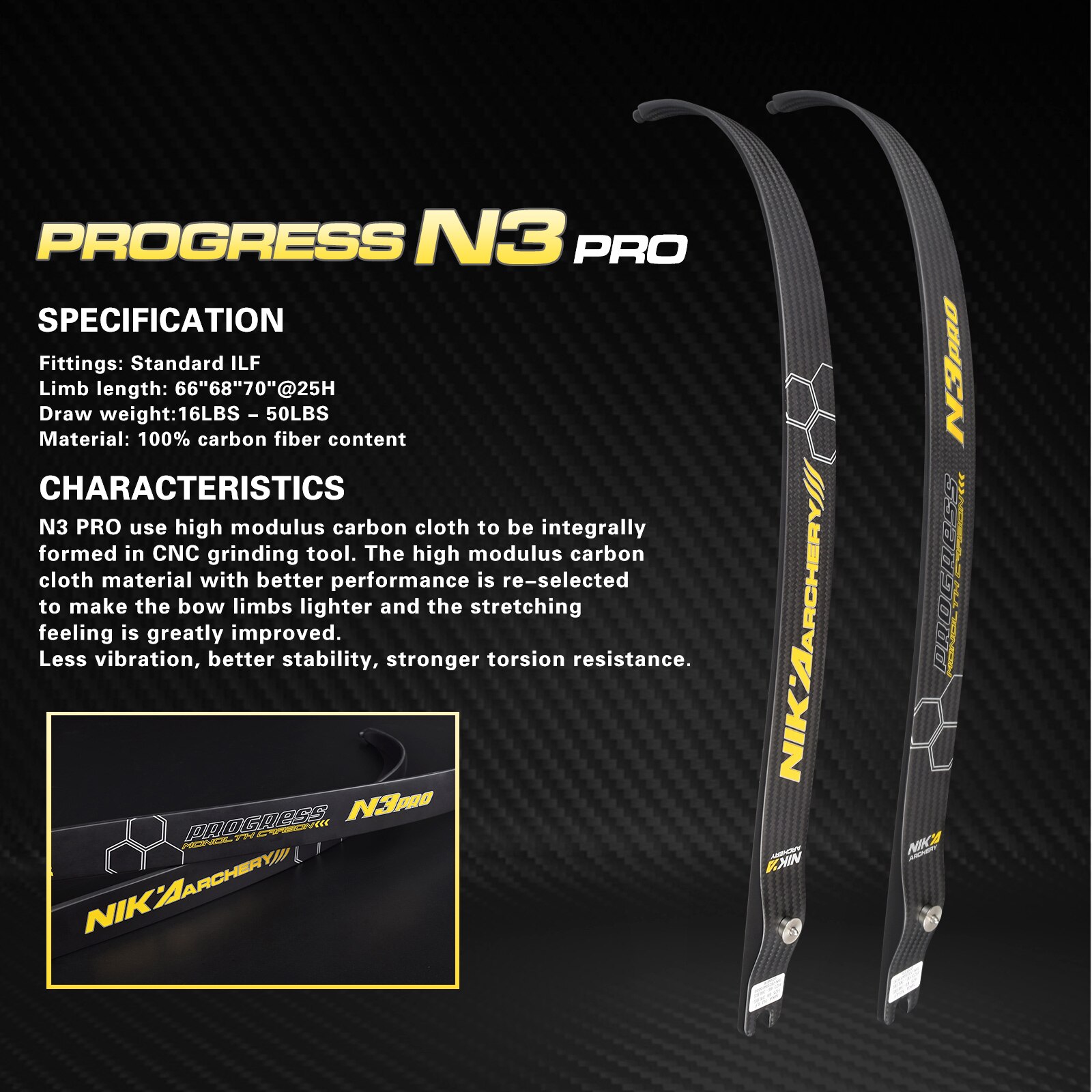 NIKA ILF Recurve Bow Limbs Progress 66/68/70inch H25 N3 Pro 100% Carbon Draw Weight 16-50LBS ราคา 19,599 บาท*ส่งฟรี