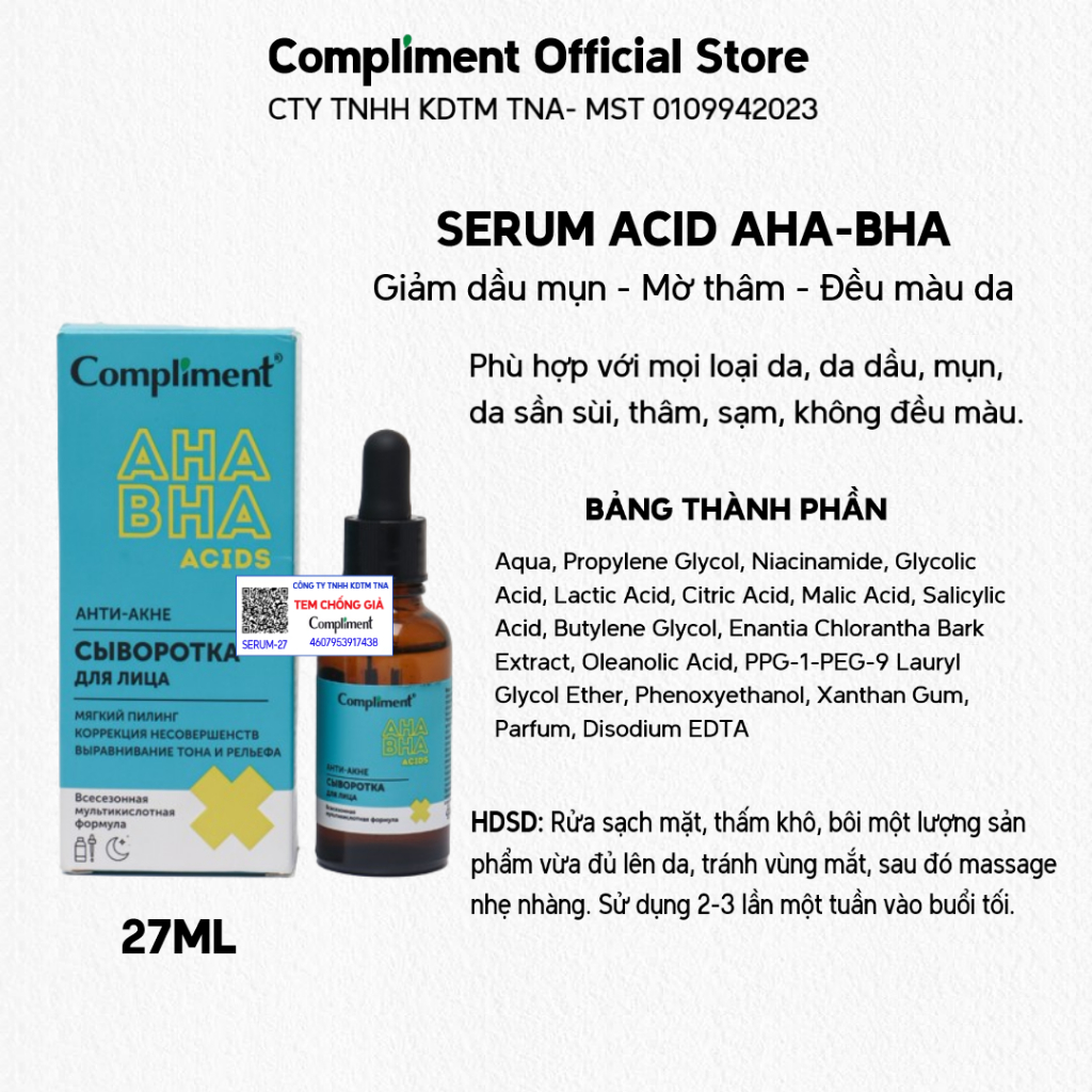 Sữa Rửa Mặt Toner Serum Compliment AHA BHA Acid Giúp Giảm Dầu Mụn Mờ Thâm Đều Màu Da