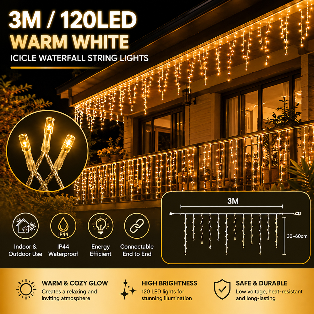 LED Christmas Light Icicle Waterfall Fairy String Curtain Lights Garland Outdoor Wedding Party Decor