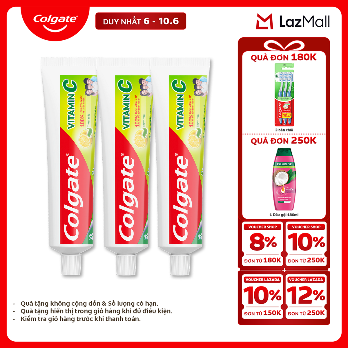 [Chỉ 6-10.6_X2 Voucher giảm 22%] Bộ 3 Kem đánh răng Colgate Vitamin C thơm mát 90g