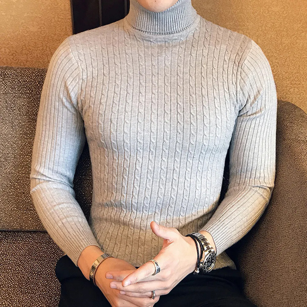 Casual Men Winter Solid Color Turtle Neck Long Sleeve Twist Knitted Slim Sweater Men's Knitted Sweaters Pullover Men999_voghion.com