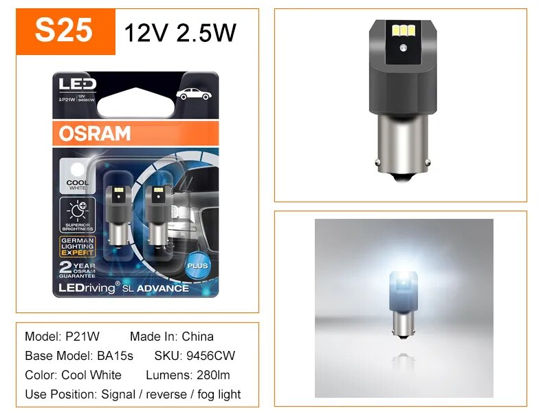 OSRAM LED P21W PY21W P21/5W Signal Light LEDriving SL Advance S25 1156 1157  LED Car Fog Bulbs Brake Position Stop Lamps, Pair