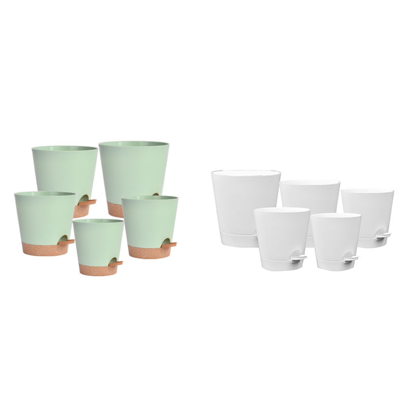 -5 Pack 5 Inch Self Watering Pots for Indoor Plants, Flower Pots Planter with Drainage Holes and Wick Rope