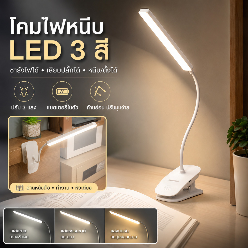 Led Reading Lamp, Clip-On Table Lamp, Rechargeable + Plug-In Model. and White Light Model, Plug-In Model Flexible Stem Easy to Adjust the Direction of the Light Suitable for Reading, Working, Studying Online, Dormitories, Bedrooms. ราคา 129 บาท*ส่งฟรี