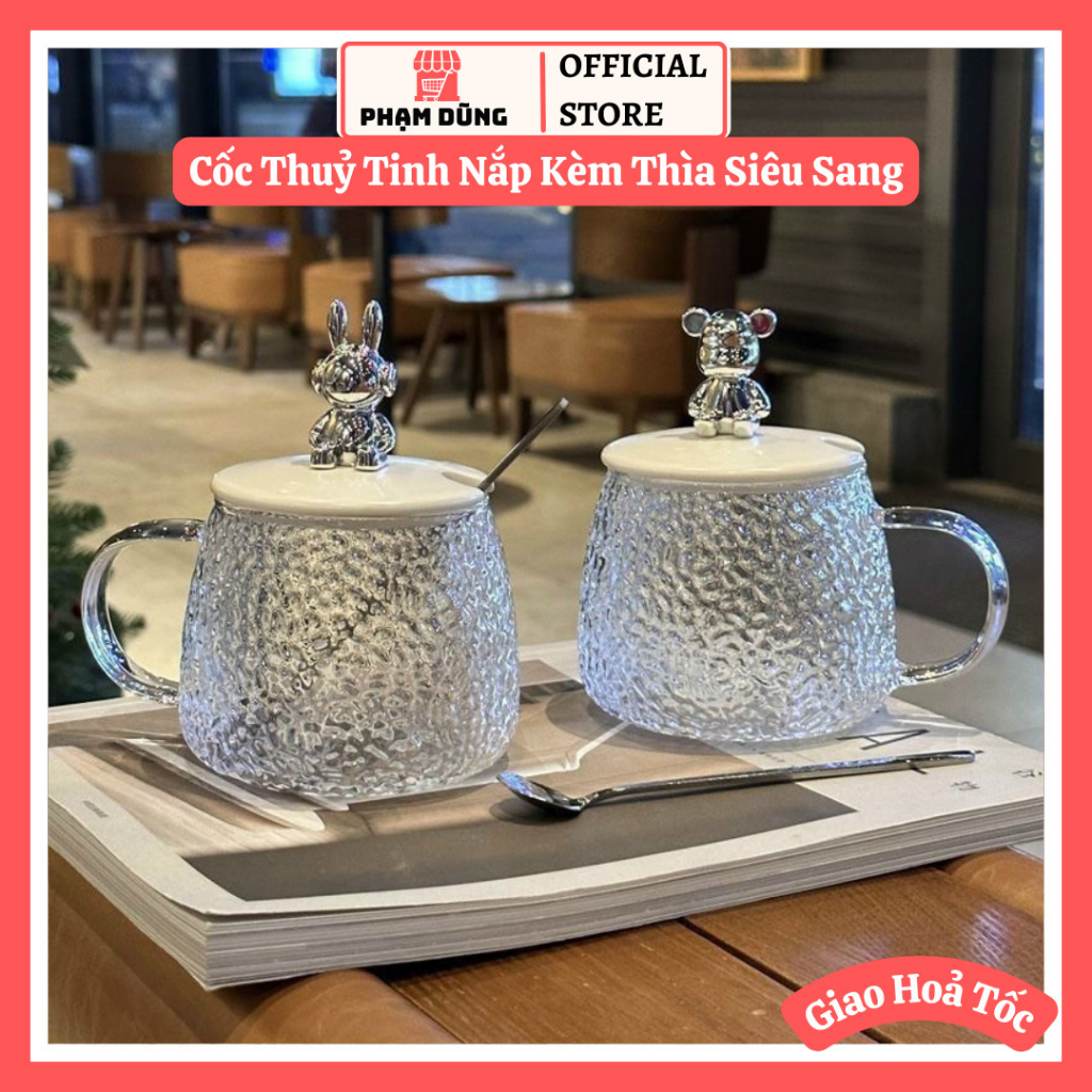 Cốc thủy tinh nắp gấᴜ dễ thương 450ml có thìa và ống hút , ly thủy tinh siêu sang có nắp và muỗng sang trọng