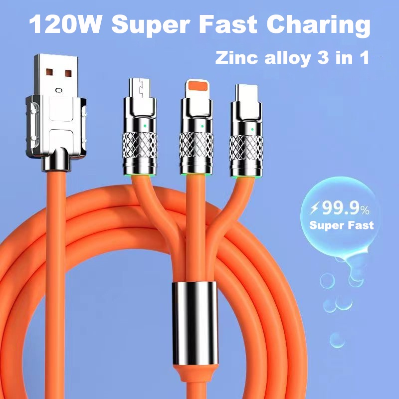 Dây sạc 3 đâu sạc nhanh, cáp sạc nhanh 3 đầu hợp kim kẽm 120w 6a dây silicone cao cấp.