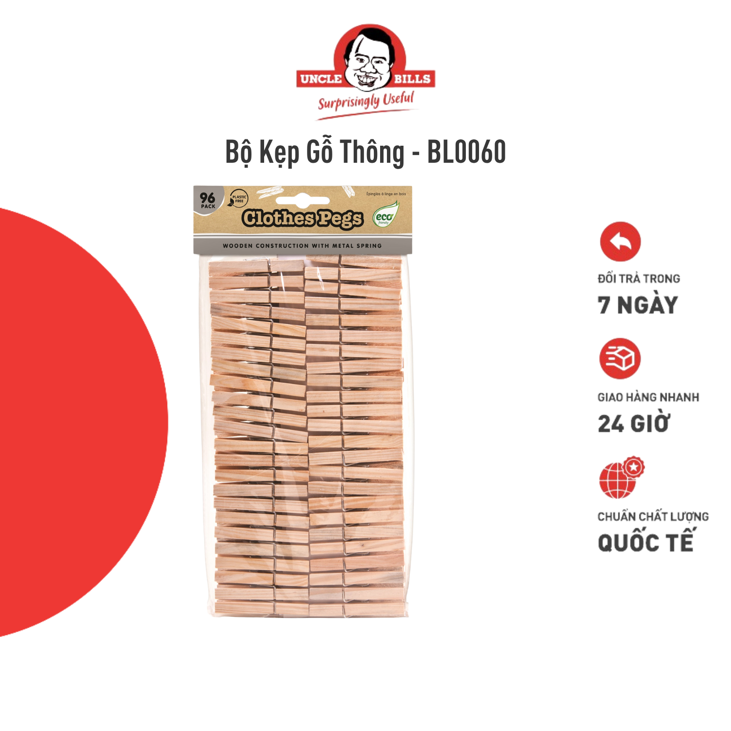 Bộ 96 kẹp gỗ bằng gỗ thông màu gỗ tự nhiên đẹp chắc chắn uncle bills bl0060