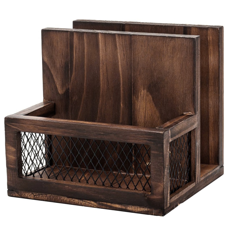 [Waanon]Napkin Holder Multifunctional for Farmhouse Style- Rustic Solid Burnt Wood& Metal Wire Mesh for Home and Commercial Use